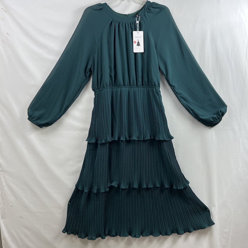 ZESICA Dress Womens M Tiered Chiffon Midi Accordian Ruffled Pleats Fairy Green